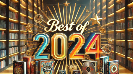 DALLE 2024 12 17 15.44.26 A vibrant and stylish library display showcasing a Best Of 2024 collection. A prominent sign with bold colorful letters says Best Of 2024 on a mo11